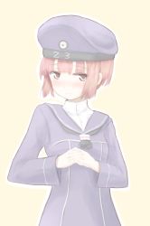 Rule 34 | 10s, 1girl, beret, blush, brown eyes, brown hair, buttons, clothes writing, hat, interlocked fingers, kantai collection, long sleeves, looking away, military, military uniform, outline, own hands together, r0g0b0, sailor collar, short hair, simple background, solo, uniform, upper body, yellow background, z3 max schultz (kancolle)