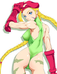 Rule 34 | 1990s (style), 1girl, ass, beret, blonde hair, blue eyes, braid, cammy white, capcom, fingerless gloves, from behind, gloves, hat, legs, leotard, looking at viewer, looking back, muscular, retro artstyle, scar, shopyun, solo, standing, street fighter, street fighter ii (series), thong, twin braids