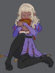 Rule 34 | 1boy, angry, black pantyhose, blonde hair, book, commentary, dark-skinned male, dark skin, dungeon meshi, english commentary, feffo, full body, grey background, highres, holding, holding book, long hair, long sleeves, looking at viewer, pantyhose, pointy ears, purple eyes, simple background, sitting, tearing up, thistle (dungeon meshi), trap