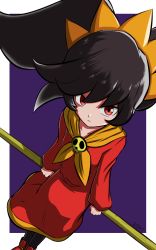 Rule 34 | 1girl, arms at sides, ashley (warioware), big hair, black hair, black pantyhose, border, broom, broom riding, closed mouth, collarbone, dress, expressionless, female focus, hairband, highres, legs together, long hair, long sleeves, looking at viewer, neckwear request, nintendo, orange hairband, orange neckwear, outside border, pantyhose, purple background, red dress, red eyes, red footwear, sidelocks, sitting, skull, solo, twintails, warioware, white border, witch