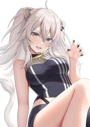 Rule 34 | 1girl, ahoge, animal ear fluff, animal ear piercing, animal ears, bare arms, bare shoulders, black nails, black shirt, black skirt, breasts, claw pose, commentary, double-parted bangs, fangs, fingernails, grey eyes, grey hair, hair between eyes, halterneck, highleg, highleg panties, highres, hololive, knee up, kotone neruneru, large breasts, lion ears, long hair, looking at viewer, midriff, open mouth, panties, sharp fingernails, shirt, shishiro botan, shishiro botan (1st costume), simple background, skirt, solo, teeth, thighs, two side up, underwear, v-shaped eyebrows, virtual youtuber, white background