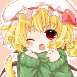 Rule 34 | 1girl, ;o, animal ears, bad id, bad pixiv id, blonde hair, cat ears, cat girl, cat tail, fang, female focus, flandre scarlet, green shirt, hat, hat ribbon, kemonomimi mode, one eye closed, open mouth, pikojirokurao, red eyes, ribbon, shirt, side ponytail, solo, sweater, tail, touhou, wings
