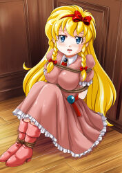 Rule 34 | 1girl, absurdres, blonde hair, blue eyes, blush, boots, bound, bow, braid, breasts, castlevania: rondo of blood, castlevania (series), commission, dress, full body, hair bow, high heel boots, high heels, highres, large breasts, long hair, looking at viewer, maria renard, medium breasts, nao takami, open mouth, pink dress, shibari, skeb commission, skirt, solo, tied up (nonsexual), twin braids, very long hair