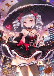 Rule 34 | 1girl, :p, balloon, black dress, breasts, building, candy, chocolate, cloud, cloudy sky, corset, dangmill, dress, earrings, feet out of frame, fishnets, food, gem, heart (symbol), idolmaster, idolmaster cinderella girls, jewelry, kanzaki ranko, medium breasts, nails, pink eyes, rain, red eyes, ribbon, ring, silver hair, skirt, skull, sky, sunlight, tongue, tongue out, twintails, umbrella