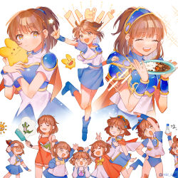Rule 34 | &gt; &lt;, 1girl, :d, :o, = =, apron, arle nadja, arm up, armor, artist name, bandaid, bandaid on knee, bandaid on leg, blue buruma, blue dress, blue footwear, blue skirt, blunt bangs, blunt ends, blush, book, boots, bow, breastplate, brown hair, buruma, cape, carbuncle (puyopuyo), child, closed eyes, closed mouth, collarbone, creature, curry, curry rice, dress, drooling, food, frying pan, grin, hair bow, hakunetsu! puyolympic!, hand on own hip, hands on own cheeks, hands on own face, hands up, happy birthday, holding, holding book, holding creature, holding frying pan, holding plate, index finger raised, leg up, lizard, madara (mbl cod), madou monogatari, medium hair, messy hair, mouth drool, multiple views, one side up, open book, open mouth, orange eyes, pauldrons, plate, puyo (puyopuyo), puyopuyo, red apron, red cape, rice, shading eyes, short hair, short sleeves, shoulder armor, simple background, skirt, sleeveless, sleeveless dress, smile, sparkle, star (symbol), stretching, sun, sweat, twitter username, undershirt, v, waku waku puyo dungeon, white background