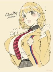 Rule 34 | 10s, 1girl, blonde hair, blush, breasts, brown eyes, copyright name, hair ornament, hairclip, heart, huge breasts, katsurai yoshiaki, narusawa ryouka, necktie, occultic;nine, open mouth, plaid, plaid skirt, school uniform, shirt tucked in, short hair, simple background, skirt, solo