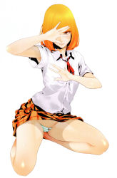 Rule 34 | 10s, 1girl, arm up, armpit peek, bare legs, barefoot, blonde hair, blunt bangs, buttons, closed mouth, collared shirt, covering face, full body, highres, hiramoto akira, kneeling, legs apart, looking at viewer, midorikawa hana, orange skirt, panties, pink lips, plaid, plaid skirt, prison school, red eyes, red ribbon, ribbon, shirt, short hair, short sleeves, simple background, skirt, smile, solo, striped clothes, striped panties, thighs, underwear, upskirt, white background, white shirt, wing collar