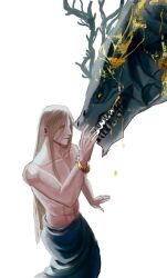 Rule 34 | 1boy, 1other, blonde hair, dragon, dragon horns, dragon wings, elden ring, godwyn the golden, hand on another&#039;s face, highres, horns, lichdragon fortissax, long hair, pkbth, sharp teeth, teeth, white background, wings, yellow eyes