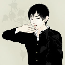 Rule 34 | 1boy, black eyes, black hair, bleeding, blending, blood, finger to mouth, gakuran, grey background, licking injury, looking at viewer, male focus, original, plant, plant request, re:i, school uniform, solo, tongue, tongue out, upper body