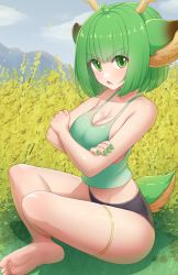 Rule 34 | 1girl, absurdres, alternate hair length, alternate hairstyle, animal ears, barefoot, black shorts, blunt bangs, blush, bob cut, breasts, cleavage, collarbone, crossed arms, day, fang, green eyes, green hair, green nails, haruka karibu, highres, hungrydurp, indie virtual youtuber, large breasts, looking at viewer, micro shorts, nail polish, open mouth, outdoors, short hair, shorts, sitting, solo, tail, thigh strap, virtual youtuber