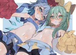 Rule 34 | 2girls, absurdres, alternate costume, bike shorts, blue eyes, blue hair, blue skirt, bow, breasts, cheerleader, cirno, clenched teeth, daiyousei, dutch angle, fairy wings, from below, green eyes, green hair, hair between eyes, hair bow, highres, holding, holding pom poms, ice, ice wings, looking at viewer, matching hair/eyes, matching outfits, medium hair, midriff, multiple girls, navel, pom pom (cheerleading), pom poms, short hair, skirt, small breasts, smile, sweat, teeth, touhou, tsune (tune), wings, yellow bow
