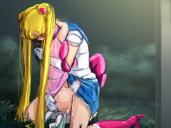 Rule 34 | 1futa, 1girl, age difference, bishoujo senshi sailor moon, blonde hair, blush, boots, closed eyes, clothed sex, clothes lift, futa with female, futanari, hand on another&#039;s ass, hug, kneeling, long hair, outdoors, raitaroo, sailor moon, sailor uniform, sex, skirt, skirt lift, straddling, twintails, upright straddle, x-ray