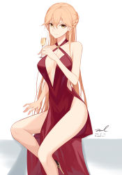 Rule 34 | 1girl, bare arms, bare legs, bare shoulders, blonde hair, breasts, clothing cutout, cocktail dress, collarbone, criss-cross halter, cup, dress, drinking glass, girls&#039; frontline, halter dress, halterneck, high heels, holding, large breasts, long hair, looking at viewer, no bra, official alternate costume, ots-14 (girls&#039; frontline), ots-14 (ruler of the banquet) (girls&#039; frontline), pelvic curtain, red dress, side cutout, sitting, sleeveless, sleeveless dress, solo, thighs, unel, very long hair, wine glass, yellow eyes