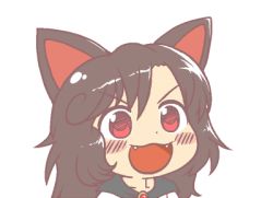 Rule 34 | 1girl, :3, :d, animal ears, brown hair, fangs, gyate gyate, ikiyouz, imaizumi kagerou, lowres, open mouth, portrait, red eyes, smile, solo, touhou, transparent background, v-shaped eyebrows, wolf ears