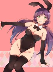 Rule 34 | 1girl, animal ears, black bow, black bowtie, black gloves, black thighhighs, bow, bowtie, breasts, cleavage, clenched teeth, detached collar, duke (inu daimyou), elbow gloves, fake animal ears, fingerless gloves, gloves, green eyes, large breasts, leotard, long hair, looking at viewer, love live!, love live! school idol project, low twintails, pink background, playboy bunny, purple hair, rabbit ears, smile, solo, teeth, thighhighs, tojo nozomi, twintails