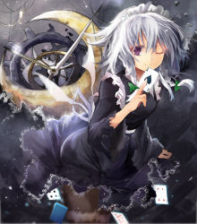 Rule 34 | 1girl, ace (playing card), ace of spades, adapted costume, between fingers, black dress, braid, card, card between fingers, clock, crescent, dress, efe, floating card, gears, izayoi sakuya, long sleeves, looking at viewer, maid, maid headdress, one eye closed, playing card, purple eyes, silver hair, smile, solo, spade (shape), thigh strap, touhou, twin braids, wide sleeves, wink