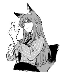Rule 34 | 1girl, adjusting clothes, adjusting sleeves, animal ears, arknights, closed mouth, collared shirt, commentary request, cowboy shot, cropped torso, fox ears, fox girl, fox tail, franka (arknights), greyscale, halftone, haruichi (sazanami complex), light smile, long hair, long sleeves, looking up, monochrome, necktie, shirt, sidelocks, simple background, solo, striped clothes, striped shirt, tail, tail raised, vertical-striped clothes, vertical-striped shirt, white background