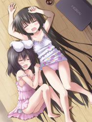 Rule 34 | 2girls, animal ears, armpits, ass, assisted exposure, bare shoulders, barefoot, black hair, blush, chemise, clothes lift, computer, dress, dress lift, drooling, closed eyes, female focus, floor, gluteal fold, hot, houraisan kaguya, inaba tewi, laptop, long hair, multiple girls, open mouth, panties, rabbit ears, rabbit tail, saliva, short hair, sleeping, strap slip, tail, toshihiro, touhou, underwear, very long hair, wavy mouth