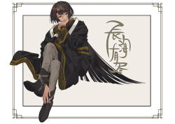Rule 34 | 1boy, bishounen, black eyes, black footwear, black horns, boots, brown background, brown hair, chinese clothes, chinese text, closed mouth, crossed legs, earrings, full body, hand up, head rest, hoop earrings, horns, jewelry, kinsatsu (grizzled), long hair, long sleeves, looking at viewer, male focus, original, red horns, red pupils, single horn, sitting, smile, solo, very long hair, wide sleeves