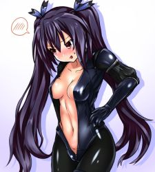 Rule 34 | 1girl, black hair, blush, bodysuit, cosplay, jill valentine, jill valentine (cosplay), kurozero, neptune (series), noire (neptunia), open bodysuit, open clothes, red eyes, resident evil, resident evil 5, solo, twintails
