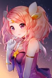 Rule 34 | 1girl, ahoge, bare shoulders, bow, bowtie, choker, collarbone, dress, elbow gloves, gloves, gradient background, hand up, highres, league of legends, long hair, looking at viewer, lux (league of legends), messy hair, pink bow, pink bowtie, pink choker, pink dress, pink eyes, pink hair, shiny skin, shrimp cake, solo, star (symbol), star guardian (league of legends), star guardian lux, twintails, upper body, white gloves