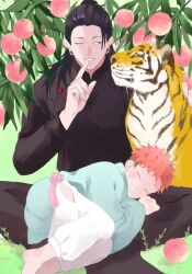 Rule 34 | 2boys, black eyes, black hair, changpao, chinese clothes, closed eyes, fetal position, finger to mouth, food, fruit, full body, getou suguru, hand on animal, highres, jujutsu kaisen, long hair, long sleeves, looking at another, lying on lap, male focus, multiple boys, non77765, on grass, one eye closed, outdoors, peach, peach tree, pink hair, plant, plug (piercing), shushing, sitting, sleeping, tassel, tiger, undercut
