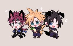 Rule 34 | 3boys, animal, animal ears, armor, belt, bird tail, black cat, black footwear, black fur, black gloves, black hair, black pants, black suit, blonde hair, blue eyes, bone, boots, brown footwear, brown gloves, carrying, cat, cat boy, cat ears, cat tail, chibi, cloud strife, collared shirt, dog ears, dog tail, earrings, eyewear on head, facial mark, feathered wings, feathers, final fantasy, final fantasy vii, fingerless gloves, fish, food, formal, gloves, goggles, goggles on head, green eyes, heart, holding, holding animal, holding fish, holding food, holding vegetable, jewelry, leather belt, long hair, male focus, messy hair, multiple boys, musical note, open mouth, pants, pauldrons, paw shoes, ponytail, red hair, reno (ff7), shirt, shoes, short hair, shoulder armor, single pauldron, sleeveless, sleeveless turtleneck, smile, sparkle, spiked hair, stud earrings, suit, tail, tongue, tongue out, ttnoooo, turtleneck, vegetable, walking, white shirt, wings, yellow feathers, zack fair