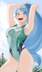 Rule 34 | 1girl, :d, absurdres, alternate costume, alternate hairstyle, armpits, arms up, blue eyes, blue hair, blue one-piece swimsuit, boku no hero academia, breasts, cloud, competition swimsuit, covered navel, day, fengling (furin-jp), green one-piece swimsuit, hadou nejire, high ponytail, highres, long hair, looking at viewer, medium breasts, multicolored clothes, multicolored swimsuit, one-piece swimsuit, open mouth, outdoors, sidelocks, smile, solo, standing, swimsuit, thighs