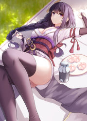 Rule 34 | 1girl, absurdres, armor, bottle, braid, breasts, bridal gauntlets, cleavage, commentary request, flower, frontera, genshin impact, highres, japanese clothes, kimono, korean commentary, long hair, low-braided long hair, low-tied long hair, milk bottle, mole, mole under eye, obi, purple eyes, purple flower, purple hair, purple kimono, raiden shogun, sash, shoulder armor, solo