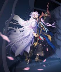 Rule 34 | 1boy, ahoge, bishounen, black footwear, black pants, center frills, chenovellia, fate/grand order, fate (series), flower, flower knot, frills, hair between eyes, hair ornament, highres, holding, holding staff, holding weapon, hood, hood down, hooded robe, long hair, long sleeves, looking to the side, male focus, merlin (fate), multicolored hair, open mouth, pants, petals, pink ribbon, purple eyes, ribbon, robe, shoes, solo, staff, tassel, turtleneck, two-tone hair, upper body, very long hair, weapon, white hair, white robe, wide sleeves