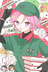 Rule 34 | :o, black gloves, black shirt, carrying, carrying under arm, chibi, chibi inset, double face (ensemble stars!), ensemble stars!, food, gloves, green shirt, grid background, hair between eyes, hand on headwear, hand up, heart, highres, layered clothes, layered sleeves, long sleeves, looking at viewer, manamoko (fancy surprise!), mikejima madara, open mouth, pink hair, pizza, pizza box, pizza slice, polo shirt, purple eyes, shiratori aira (ensemble stars!), shirt, short hair, short over long sleeves, short sleeves, speech bubble, star (symbol), turtleneck, upper body