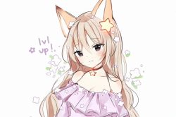 Rule 34 | 1girl, animal ears, annytf, anyuu, black eyes, brown hair, commentary, fox ears, hair ornament, indie virtual youtuber, jewelry, long hair, looking at viewer, necklace, off-shoulder shirt, off shoulder, portrait, purple shirt, shirt, smile, solo, star (symbol), star hair ornament, star necklace, virtual youtuber, white background