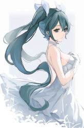 Rule 34 | 1girl, absurdres, aqua eyes, aqua hair, bare shoulders, bow, breasts, closed mouth, commentary, dress, eyelashes, from side, gloves, hair between eyes, hair bow, hand on own chest, hatsune miku, highres, long hair, miku day, sleeveless, sleeveless dress, small breasts, snozaki, solo, twintails, vocaloid, white bow, white dress, white gloves