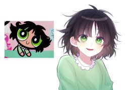 Rule 34 | 1girl, archived source, bad id, bad twitter id, blouse, blush, buttercup (ppg), buttercup redraw challenge (meme), derivative work, green eyes, green pajamas, green shirt, looking at viewer, meme, messy hair, open mouth, pajamas, powerpuff girls, qkwka jmr, reference inset, screenshot inset, screenshot redraw, shadow, shirt, simple background, smile, solo, white background