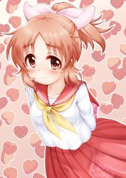 Rule 34 | 1girl, abe nana, arms behind back, blush, box, breasts, brown background, brown eyes, brown hair, closed mouth, commentary request, gift, gift box, hair ribbon, heart, heart background, highres, holding, holding gift, idolmaster, idolmaster cinderella girls, long sleeves, medium breasts, neckerchief, parted bangs, plaid, pleated skirt, ponytail, red sailor collar, red skirt, regular mow, ribbon, sailor collar, school uniform, serafuku, shirt, sidelocks, skirt, smile, solo, white ribbon, white shirt, yellow neckerchief