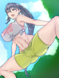 Rule 34 | 1girl, abs, armpits, ass, bare arms, bare shoulders, bike shorts, black eyes, black hair, breasts, cameltoe, covered erect nipples, from below, highres, huge breasts, legs, long hair, looking away, midriff, navel, nekoshi, open mouth, outdoors, ponytail, shirt, sky, sleeveless, solo, spread legs, standing, sweat, tank top, taut clothes, taut shirt, thighs, toned