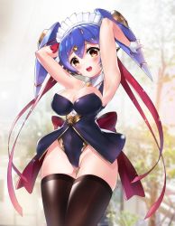 Rule 34 | 1girl, :d, armpits, arms up, blush, breasts, cawang, cleavage, covered navel, gloves, hair between eyes, highres, large breasts, leotard, maid headdress, open mouth, outdoors, poppi (xenoblade), poppi qt (xenoblade), purple hair, robot ears, smile, solo, thighhighs, white gloves, xenoblade chronicles (series), xenoblade chronicles 2