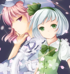 Rule 34 | 2girls, bow, bowtie, cover image, grabbing another&#039;s hair, green eyes, hairband, half-closed eyes, hat, holding, holding own hair, konpaku youmu, multiple girls, parted lips, petals, pink eyes, pink hair, profile, puffy short sleeves, puffy sleeves, saigyouji yuyuko, short hair, short sleeves, touhou, vest, youry