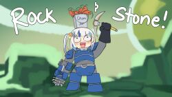 Rule 34 | 1girl, armor, blue eyes, blue hair, bucket, bucket on head, cave, commentary, deep rock galactic, driller (deep rock galactic), ebi-chan (gawr gura), english commentary, english text, gawr gura, gloves, hair ornament, highres, holding, holding pickaxe, hololive, hololive english, looking at viewer, medium hair, mittsu, multicolored hair, object on head, one side up, open mouth, pickaxe, rabbit hair ornament, shrimp, smile, solo, standing, streaked hair, virtual youtuber, white hair