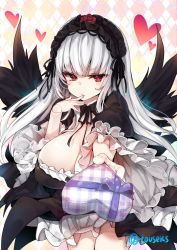 Rule 34 | 1girl, black wings, bonnet, breasts, candy, chocolate, chocolate heart, cleavage, doll joints, food, gothic lolita, hairband, heart, joints, large breasts, lolita fashion, lolita hairband, red eyes, rozen maiden, silver hair, solo, suigintou, tousen, valentine, wings
