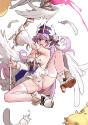Rule 34 | 1girl, @ @, absurdres, arm up, armpit crease, azur lane, bare shoulders, bird, blush, breasts, broken staff, chick, covered navel, cross, detached sleeves, dress, feathers, frilled sleeves, frills, high heels, highres, holding, holding staff, lace, lace-trimmed panties, lace trim, long hair, manjuu (azur lane), medium breasts, mihua mh, official alternate costume, open mouth, panties, purple eyes, purple hair, spread legs, staff, tearing up, thighhighs, underwear, unicorn (azur lane), unicorn (snow white guardian angel) (azur lane), very long hair, wavy mouth, white dress, white feathers, white footwear, white panties, white sleeves, white thighhighs, white wings, wings