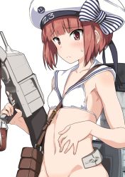 Rule 34 | 10s, 1girl, bag, beret, bikini, bikini top only, bottomless, bow, breasts, brown eyes, brown hair, clothes writing, embarrassed, gun, hand on own stomach, hat, kantai collection, kikunosukemaru, machine gun, machinery, messenger bag, navel, out-of-frame censoring, sailor bikini, sailor collar, sailor hat, short hair, shoulder bag, small breasts, solo, striped, striped bow, sweat, swimsuit, weapon, white bikini, white hat, z3 max schultz (kancolle)