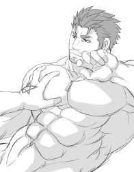 Rule 34 | 2boys, abs, bara, beard, between pectorals, completely nude, facial hair, frown, grabbing, greyscale, groping, jewelry, large pectorals, male focus, mature male, monochrome, multiple boys, muscular, muscular male, mustache, navel, necklace, no nipples, nude, pectoral grab, pectorals, short hair, sideburns, solo focus, stomach, stubble, sunfight0201, tokyo houkago summoners, triton (housamo), unfinished, upper body, yaoi