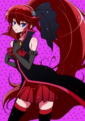 Rule 34 | 10s, 1girl, black gloves, blue eyes, blush, elbow gloves, genderswap, genderswap (mtf), gloves, hair ornament, hair ribbon, hand on own chest, happinesscharge precure!, long hair, magical girl, phantom (happinesscharge precure!), ponytail, precure, red hair, red skirt, ribbon, shirono, skirt, solo, thighhighs, unlovely (happinesscharge precure!), very long hair, wide ponytail