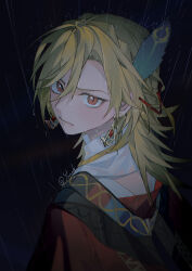Rule 34 | 1boy, absurdres, blonde hair, brown hair, closed mouth, dark background, earrings, feather hair ornament, feathers, genshin impact, green scarf, hair ornament, highres, jacket, jewelry, kaveh (genshin impact), looking at viewer, looking back, male focus, medium hair, multicolored hair, rain, red eyes, red jacket, scarf, shirt, solo, unhappy, wet, wet clothes, wet hair, white shirt, yonab