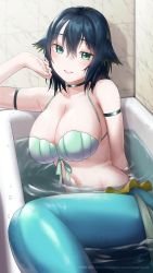 Rule 34 | 1girl, awono nanaumi, bath, bathing, bathroom, bathtub, blue hair, breasts, cleavage, collarbone, commentary, english commentary, fukami nana (awono nanaumi), green eyes, hair flaps, highres, indoors, large breasts, looking at viewer, mermaid, monster girl, original, partially submerged, shadow, solo, tile wall, tiles, water