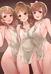 Rule 34 | 3girls, :d, apron, areola slip, arms behind back, blush, bow, breasts, brown eyes, brown hair, collarbone, commentary request, green eyes, hair bow, halterneck, hand up, highres, hojo karen, idolmaster, idolmaster cinderella girls, igarashi kyoko, large breasts, long hair, looking at viewer, medium breasts, mk (mod0), multiple girls, naked apron, open mouth, pink bow, ponytail, round teeth, smile, standing, takamori aiko, tareme, teeth, thighs, upper teeth only, white apron, yellow eyes