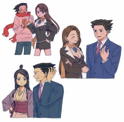 Rule 34 | 1boy, 2girls, ace attorney, black hair, blush, breasts, brown hair, cleavage, earrings, closed eyes, formal, hair ornament, jewelry, long hair, maya fey, mia fey, mole, mole under mouth, multiple girls, multiple views, necklace, necktie, orange scarf, pants, phoenix wright, red scarf, renshu usodayo, scarf, skirt, skirt suit, smile, spiked hair, suit, sweat, sweater, nervous sweating, tears