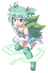 Rule 34 | 1girl, :d, ahoge, aqua hair, bare shoulders, blue eyes, boots, collarbone, commentary request, elbow gloves, full body, gloves, green footwear, green wings, hair between eyes, highres, konoha (shinrabanshou), leaf wings, looking at viewer, open mouth, pointy ears, roku no hito, shinrabanshou, simple background, smile, solo, strapless, thigh boots, twintails, white background, white gloves, wings