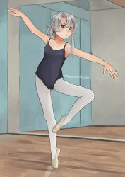 Rule 34 | 1girl, asymmetrical hair, ballerina, ballet, ballet slippers, bare shoulders, black leotard, commentary request, dancing, full body, grey eyes, highres, kantai collection, leotard, looking to the side, mirror, nakano kiho, nowaki (kancolle), pantyhose, reflection, silver hair, solo, standing, standing on one leg, white pantyhose, wooden floor